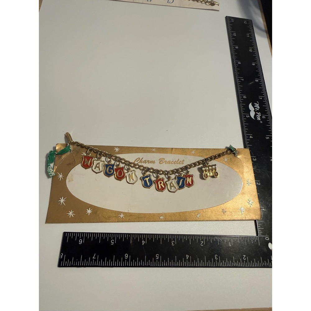 Vintage Wagon‎ Train TV Show Charm Bracelet Gold Tone Enamel Western Memorabilia